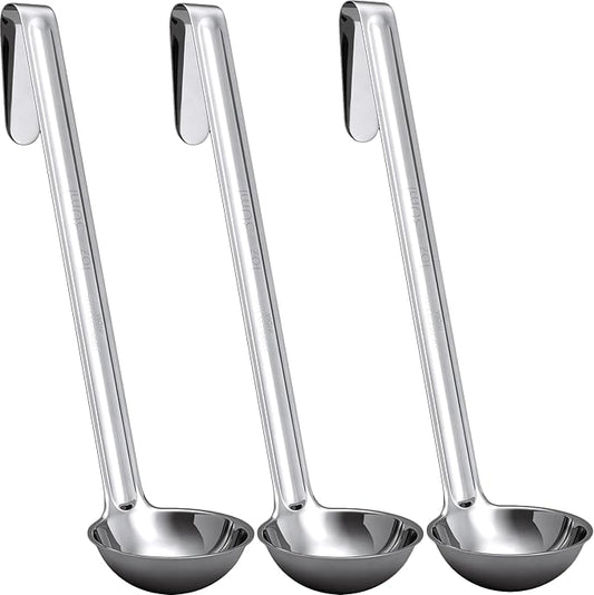 Super Sturdy, Ergonomic 1 Oz. Soup Ladle 3 Pk. Stainless Steel Ladles with Long Handles. Best Kitchen Accessories for Stirring, Portioning and Serving Soups, Chili and Stew in Restaurants and at Home