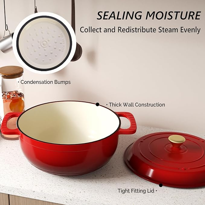 VINGLI 7.5QT Enameled Cast Iron Round Dutch Oven Pot with Lid, NonStick Casserole Pot with Dual Handles & Silicone GlovesRed, Oven Safe up to 500°F or on Stovetop, Dutch Oven for Bread Baking, Red