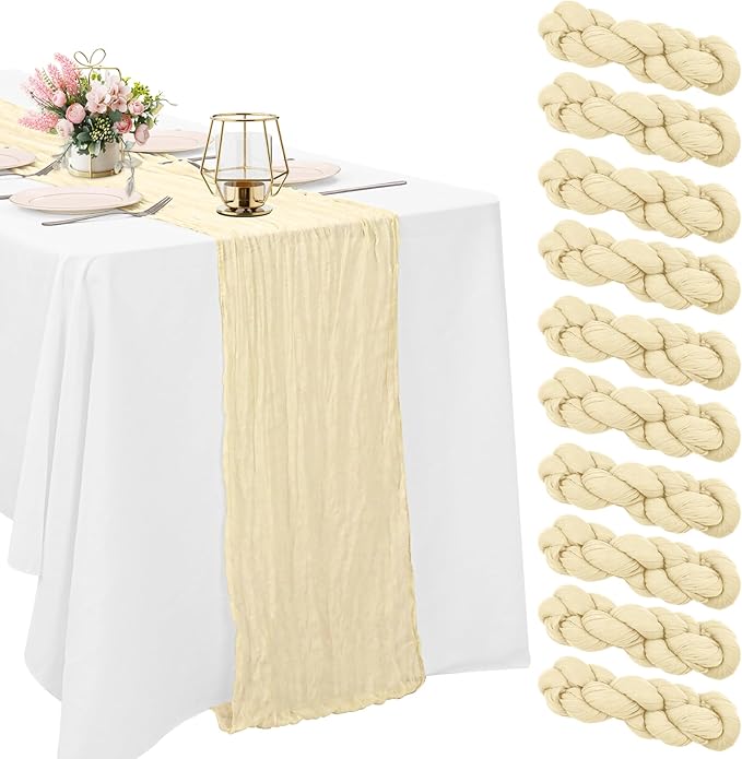 10 Pack Beige Cheesecloth Table Runner 6FT Boho Gauze Fabric Table Runner Vintage Rustic Sheer Runners for Wedding Party Bridal Baby Shower Long Table Decorations