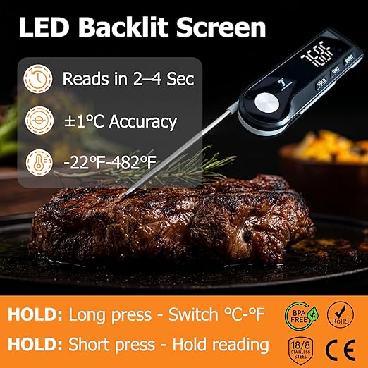 SEVEN SQUARED 72 Digital Kitchen Food Scale with Removable LED Display & Built-in Thermometer, 11lb/5kg High Precision 0.1g Stainless Steel Scale for Cooking & Baking, Tare Function, 5 Units