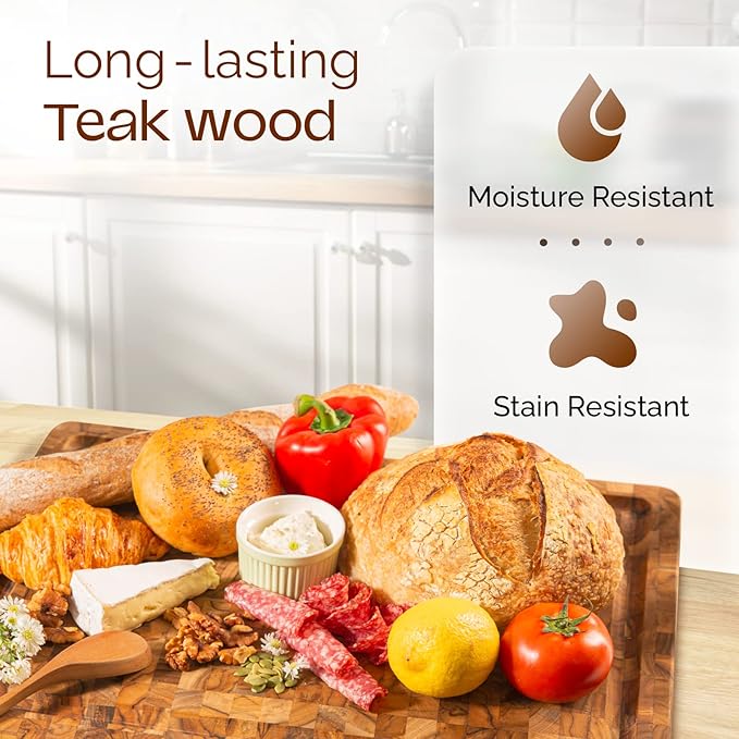 Yes4All Durable Teak Cutting Boards for Kitchen, [17''L x 13''W x 1.5” Thick] Medium End Grain Cutting Board, Pre Oiled Wood Cutting Boards, Thick Chopping Board w/Juice Grooves and Easy Grip Handle