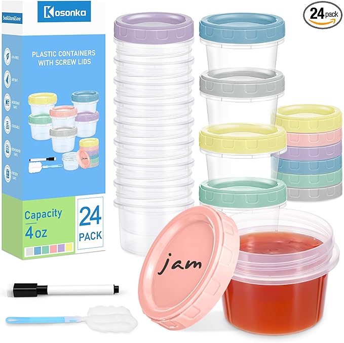 24 Piece 4 oz Plastic Food Storage Containers with Lids, Reusable Freezer Storage Containers, Small Meal Prep Containers with Pen and Brush, BPA-Free, Screw Top, Microwave & Dishwasher Safe