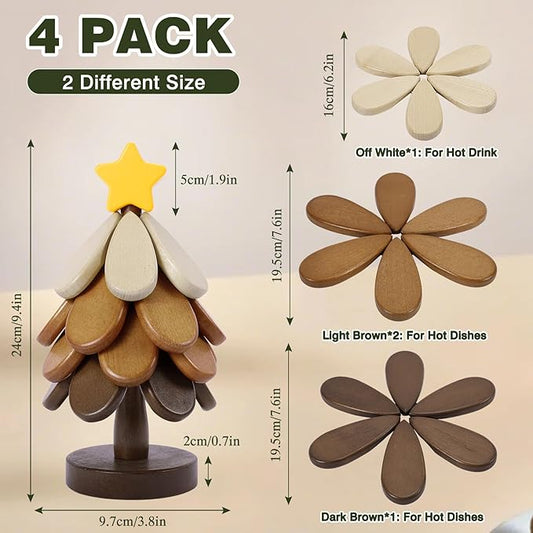 Wooden Tree Trivets for Hot Dishes, Christmas Tree Shape Trivet Set of 4 for Hot Pot Pans, Wood Coasters for Bowls Teapots Drinks Plates, Home Table Decor(Walnut Wood)
