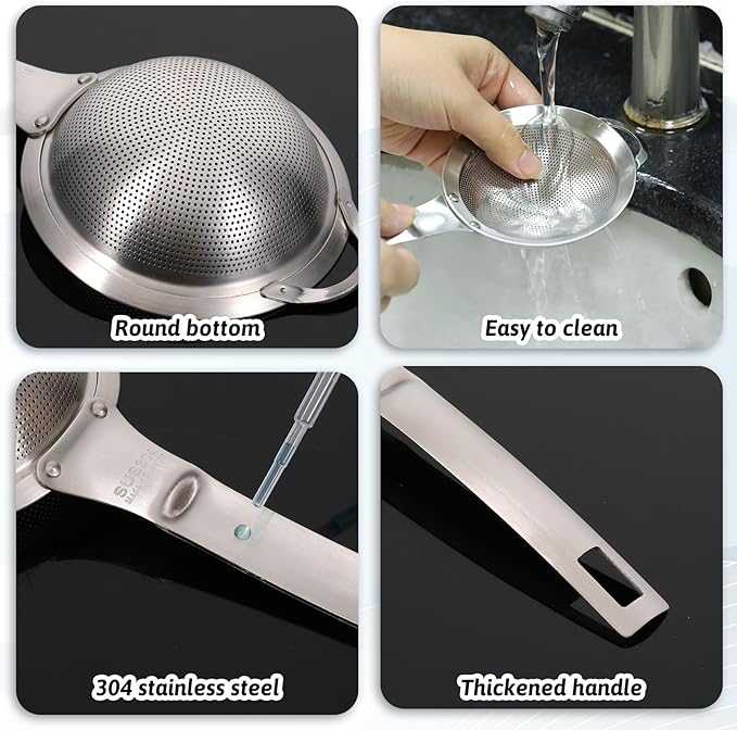 2Pcs Small Fine Mesh Strainer with Handle Filter Sifter Strainer Punch Hole Stainless Steel Sieve Colander Metal Micro Sifter for Kitchen Juice Tea Baking Food Pasta Flour