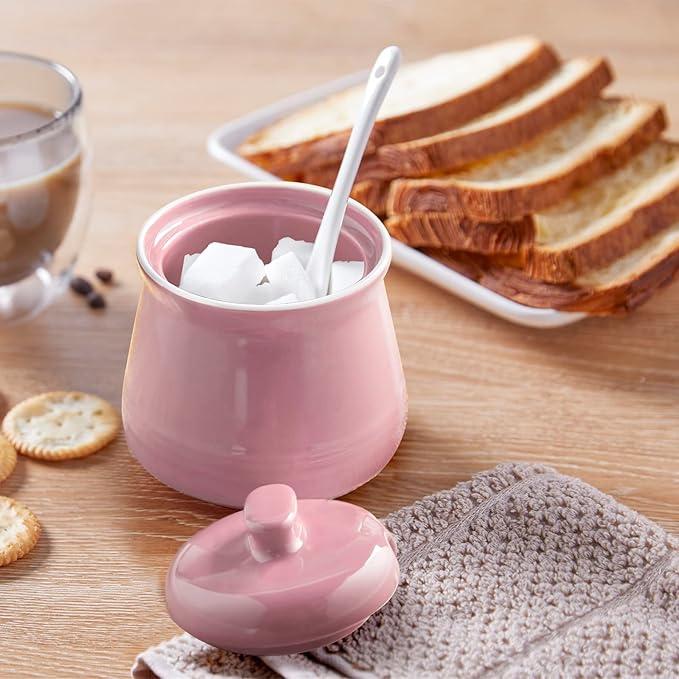 Sugar Bowl with Lid and Spoon - 12 oz Ceramic Sugar Bowl with Spoon - Sugar Container for Coffee Bar - Sugar Jar Sugar Dispenser Bowl - Pink Kitchen Decor and Accessories
