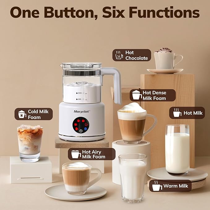 Large Electric Milk Frother and Steamer, 16.9oz/500ml Milk Steamer and Frother for Latte or Hot Chocolate, Dishwasher Safe, 6 Functions, Enjoy Perfect Milk Froth in 2 Min (White-Glass)