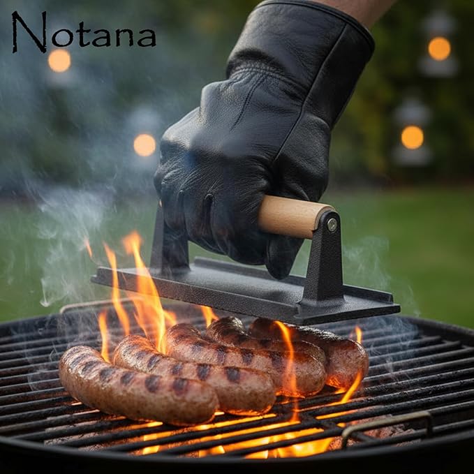 Cast Iron Steak Weight Press for Griddle, Grill and Pan Cooking - Heavy Cast Iron Grill Press with Wooden Handle - Steak Press Weight for Even Searing of Meat, Burgers and Bacon 8" x 4"