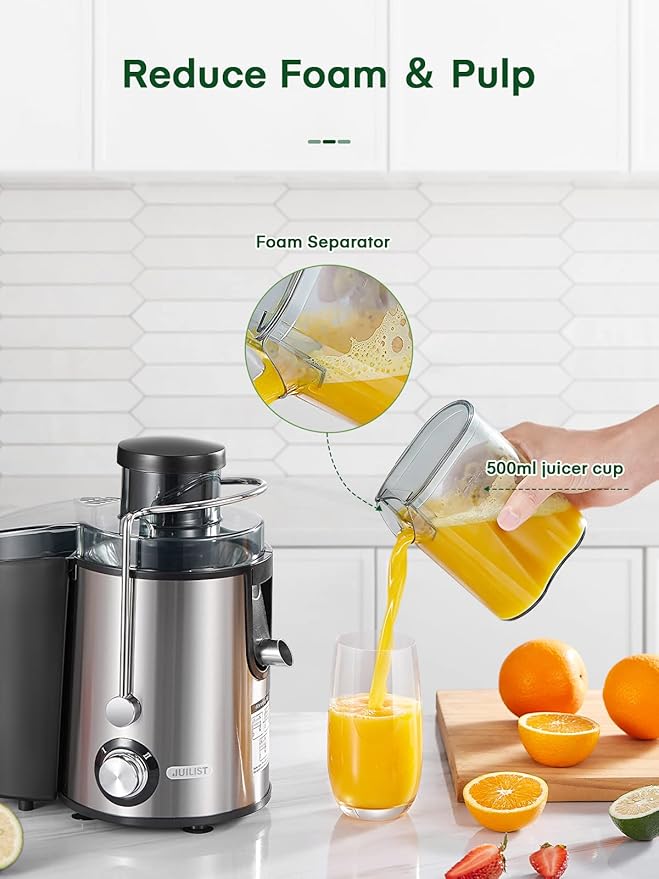 Juicer Machines, Juilist New Generation Juicer Machines Vegetable and Fruit Easy to Clean, Compact Centrifugal Juicer Extractor with 3" Wide Mouth and Anti-Drip, Dual Speeds, Recipe & Brush, 400W