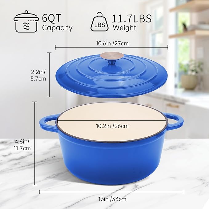 CookNexa 6 Quart Enameled Cast Iron Dutch Oven Pot with Lid, Oven Safe up to 500°F or on Stovetop, Non-stick Dutch Oven for Bread Baking, Cooking, Dual Handles Cookware, Cobalt Blue