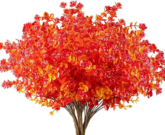 24PCS Artificial Eucalyptus Plants, Fake Boxwood Shrubs UV Resistant No Fade Faux Plastic Greenery for Wedding Bridal Bouquet Home Garden Kitchen Office Table Vase(Fall Gold Red)