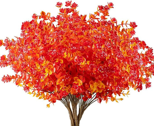 10PCS Artificial Eucalyptus Plants,Fake Boxwood Shrubs UV Resistant No Fade Faux Plastic Greenery for Wedding Bridal Bouquet Indoor Outdoor Home Garden Kitchen Office Table Vase(Fall Red)