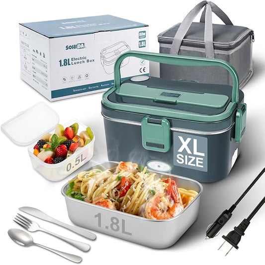 1.8L Heated Lunch Box, 80W Electric Lunch Box with Long-handled Utensils for Adults, 12V/24V/110V Lonchera Eléctrica Portátil, Portable Food Warmer for Car/Truck/Office (Blue-Green)