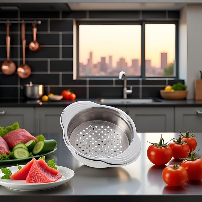 1Pc Silver Stainless Steel Food Can Strainer Sieve Tuna Press Lid Oil Drainer Remover, Unique No-Mess Dishwasher Design New Released Attractive Width 2cm Colanders and Food Strainers