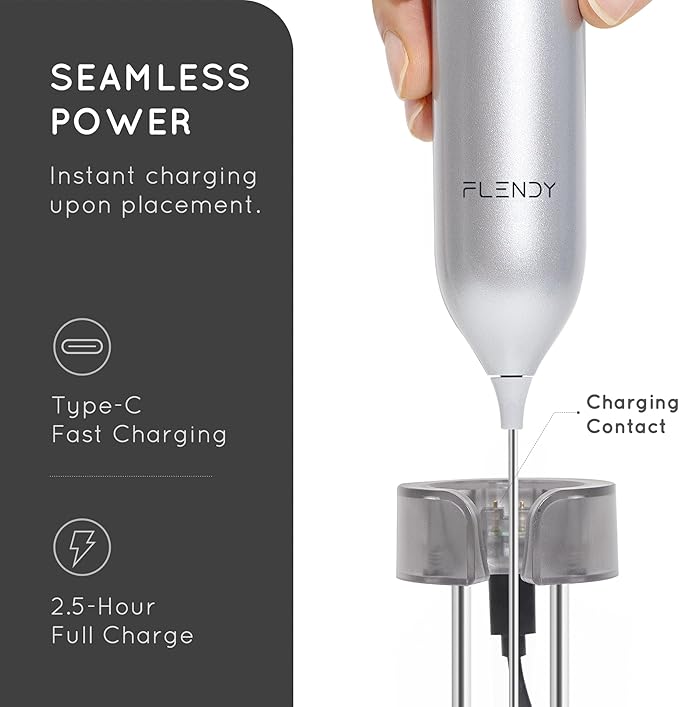 Flendy Rechargeable Milk Frother Handheld With USB-C Charging Stand, Electric Drink Mixer, Mini Whisk for Coffee, Matcha, etc