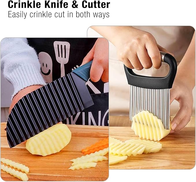 2PCS Crinkle Cutter Knife with Peeler, Crinkle Cutter for Veggies Wave Chopper Stainless Steel Crinkle Cut Fry Cutter with Handle for Veggies Fruit, Set of 3