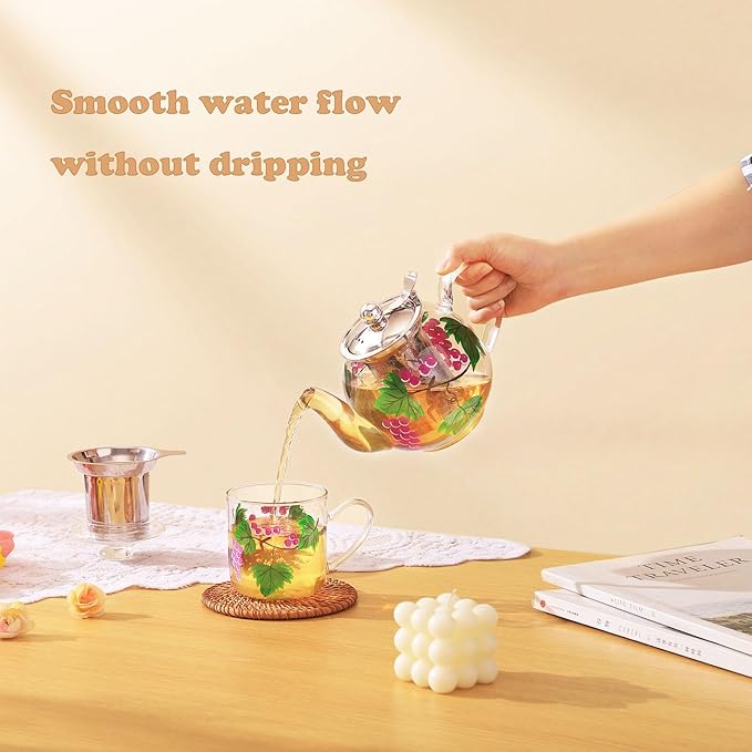 1000ml/35oz Hand Painted Pattern Glass Teapot For Stovetop,Tea Pot For Loose Tea,Glass Tea Kettle With Infuser (Grape)