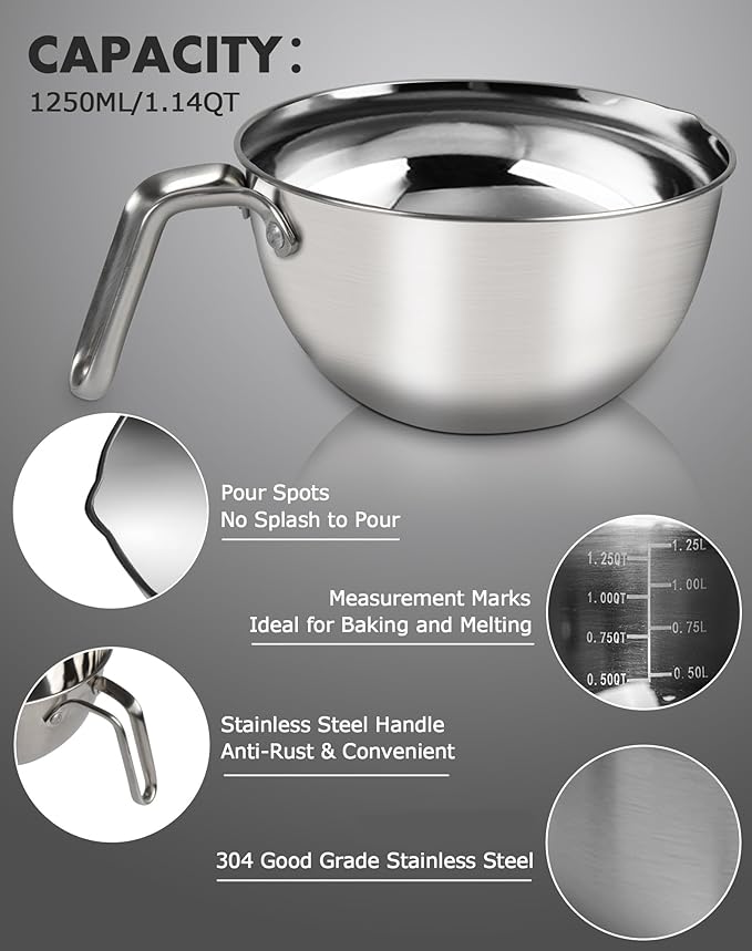 Double Boiler Pot Set,1250ML/1.1QT Mixing Bowl for Chocolate Melting, 2200ML/ 2QT 304 Stainless Steel Pot With Silicone Spatula for Melting Chocolate, Candy, Candle, Soap, Wax