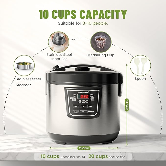 MOOSUM 20 Cup Cooked (10 cup uncooked) Rice Cooker with 8 Functions, Healthy Cooking Stainless Steel Pot & Steamer, Removable Inner Cover, Silver