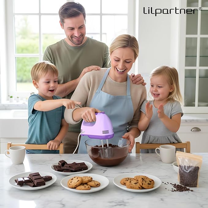 LILPARTNER Hand Mixer Electric, Small Food Mixer 7 Speeds Handheld Blender,304 *(1* Whisk, 2* Beater, 2*Dough Hook) Kitchen Blender for Cream, Cookies, Dishwasher Safe, Purple
