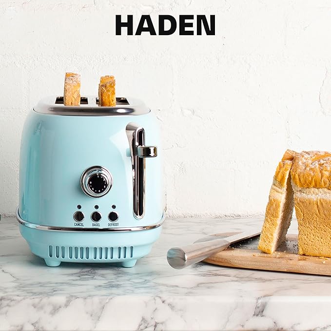 Haden Heritage 2 Slice Wide Slot Stainless Steel Toaster with Adjustable Browning Control & Non-Slip Feet, Turquoise & Chrome