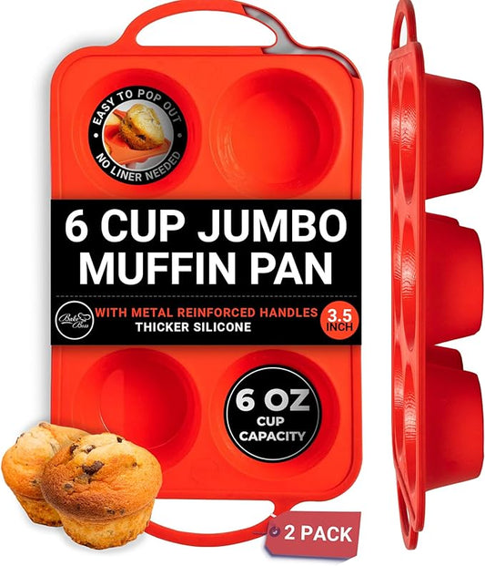 BAKE BOSS [2 PACK] Jumbo Muffin Pan, 3.5" Large Muffin Pan 6 Cup - Silicone Jumbo Muffin Tin for Baking BPA Free Non Stick - RED