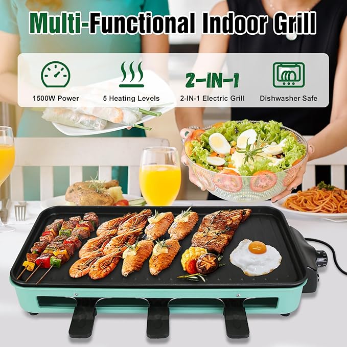 1500W Electric Indoor Grill, 2 in 1 Korean BBQ Grill for Kitchen, with Grill Net Removable Plate 3 Small Trays, 5 Temperature Control, Dishwasher Safe