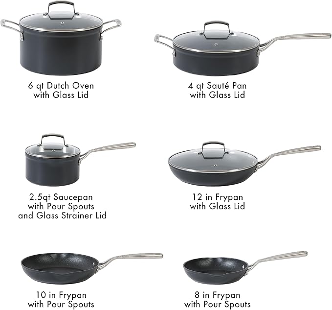 Babish 10 Piece Hard Anodized Laser Titanium Forever Non Stick Technology Durable Pots and Pans Cookware Set - Black