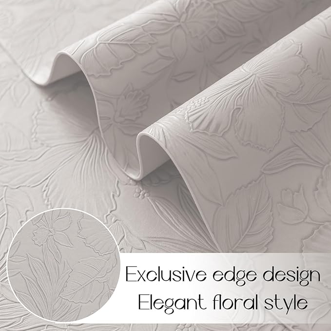 Romanstile Vinyl Placemats Set of 8-12 X 17 Inch - Heat Resistant Non-Slip Embossed Floral Place Mats 100% Waterproof Oilproof Wipeable Faux Leather Table Mats for Kitchen/Dining/Party, LightGrey