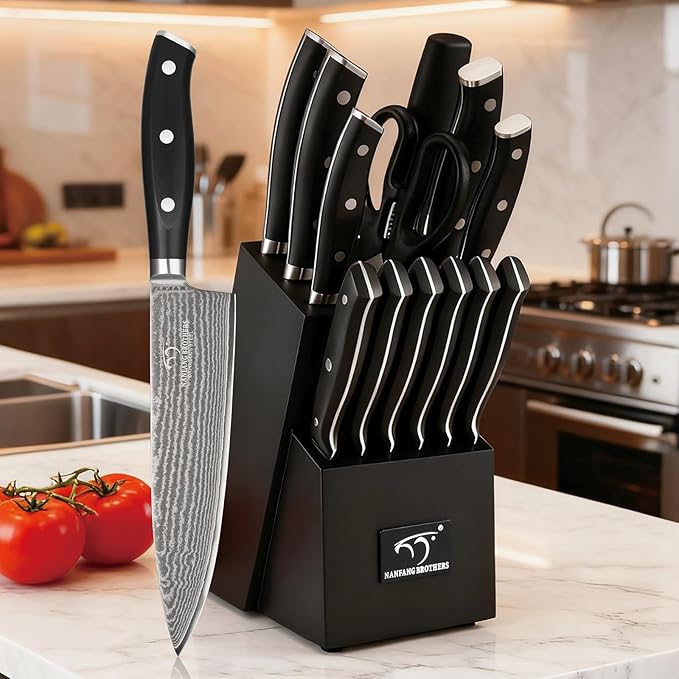 NANFANG BROTHERS Damascus Kitchen Knife Set 14 Pieces with Shears & Sharpener - VG10 High Carbon Steel, ABS Ergonomic Handle, Wooden Block Storage Black