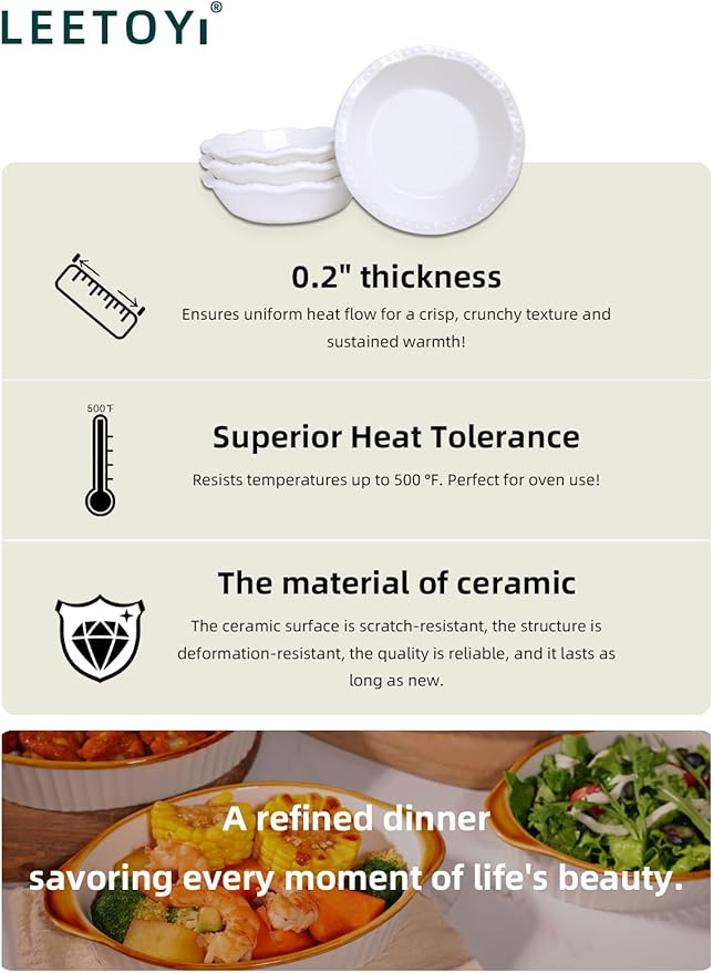 5.8 Inch Mini Pie Pans, 8 Ounce Ceramic Pie Plate Pie Dish Ramekins for Kitchen, Individual Stackable Pie Tins, Set of 4 (White)