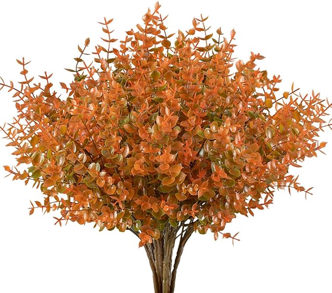 10PCS Artificial Eucalyptus Plants,Fake Boxwood Shrubs UV Resistant No Fade Faux Plastic Greenery for Wedding Bridal Bouquet Indoor Outdoor Home Garden Kitchen Office Table Vase(Fall)