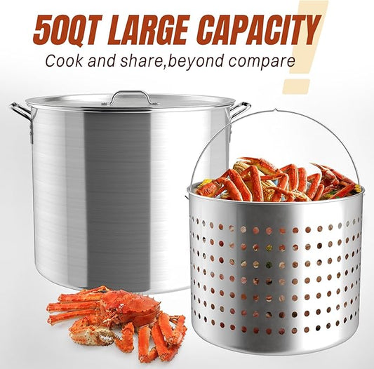 Hidpriva 50QT Crawfish Boiler Kit, Waterproof Cover & 12-inch Skimmer, 110,000BTU Propane Burner Stove, 0-20PSIG Regulator, Aluminum Seafood Boil Pot, Crab Boil Pot with Basket