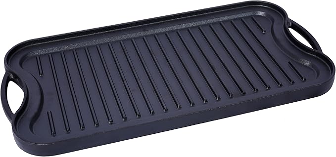 Pre-Seasoned Cast Iron Reversible Grill/Griddle – 20" x 10" Rectangular Dual-Sided Cookware for Stovetop, Oven, Grill & Campfire – Heavy Duty Iron with Ergonomic Handles, Oven Safe up to 500°F