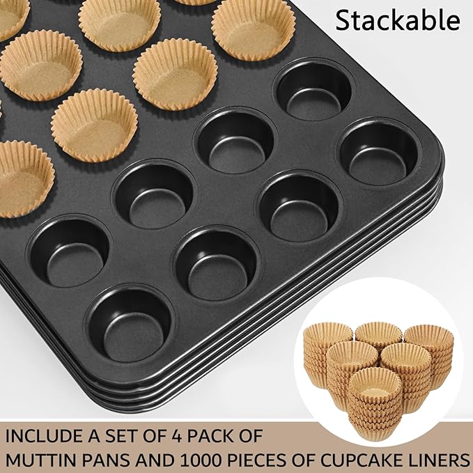 ATZNZIK 4 Pack Mini Muffin Pan with 1000 Mini Cupcake Liners, Cupcake Pans Muffin Tin Nonstick 24 Cup, Carbon Steel Baking Pans Supplies
