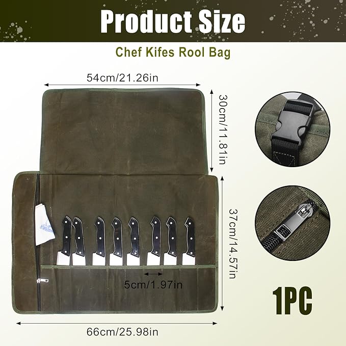 Chef Knife Roll Bag,Waxed Canvas Knife Travel Case,Heavy Duty Professional Knife Carrier Storage Holder with 10 Slots,Portable Kitchen Culinary Tool Organizer for Men,Fits up to 18.8”Knives Army Green