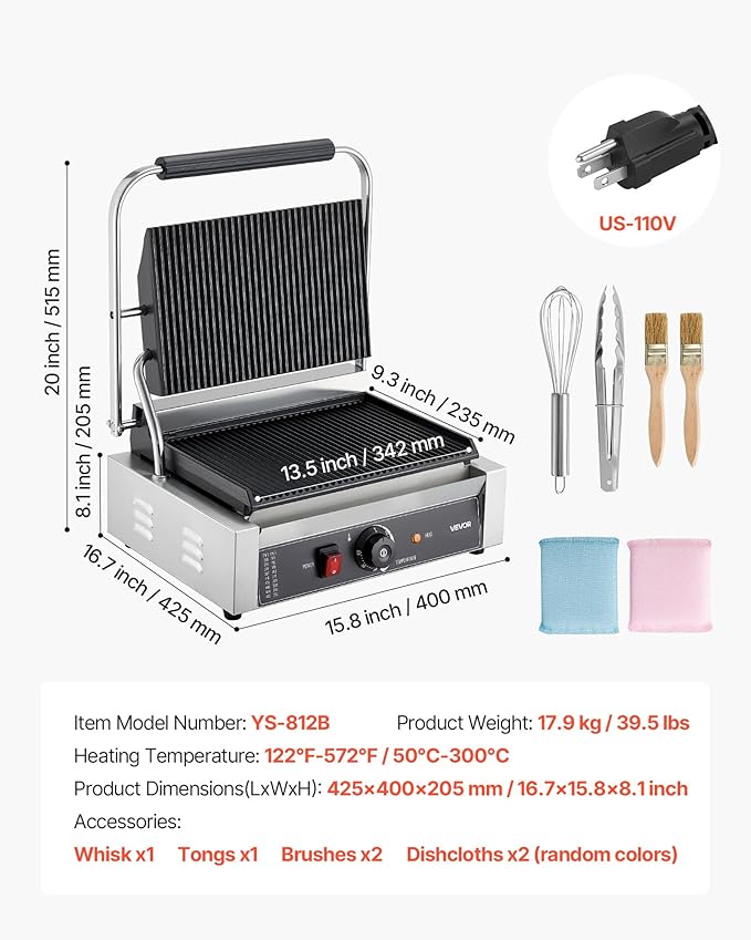 VEVOR Commercial Panini Grill, 1800W Electric Sandwich Panini Maker, Stainless Steel Sandwichs Press with Handle and Temp Control, 13.5x9.3 in Full Grooved Enamel Plate, for Hamburger Steak Bacon