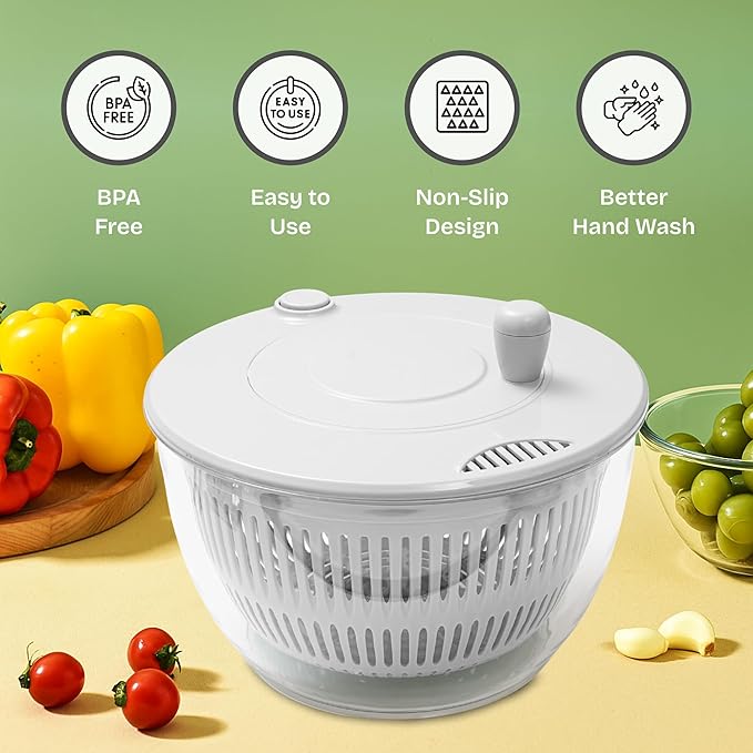 Large Salad Spinner 7-in-1 – Vegetable & Fruit Washer, Dryer, Slicer, Shredder, Juicer – Non-Slip, BPA-Free, Dishwasher Safe Lettuce Spinner Bowl for Meal Prep (White)