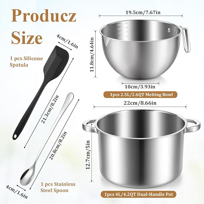 4-Piece Double Boiler, Chocolate Melting Pot Set Include 2500ml/2.3QT Mixing Bowl and 4000ml/3.63qt Stainless Steel Pot, Silicone Spatula, Stainless Steel Stirring Spoon, Induction Safe