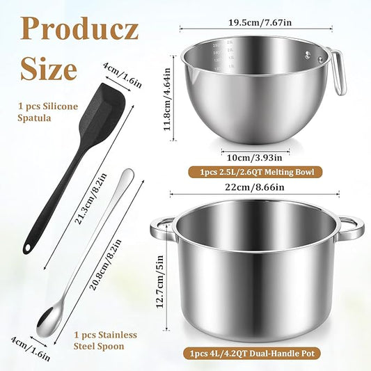 4-Piece Double Boiler, Chocolate Melting Pot Set Include 2500ml/2.3QT Mixing Bowl and 4000ml/3.63qt Stainless Steel Pot, Silicone Spatula, Stainless Steel Stirring Spoon, Induction Safe