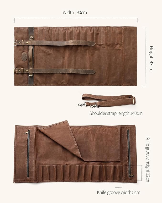 XINZUO Chef Knife Roll Bag-Professional Chef Knife Case-16oz Waxed Canvas and Crazy Horse Leather -With 12 Slots Plus 2 Zipper Pockets to Hold Kitchen Cooking Tools-Travel Tool Roll Pouch(Bag Only)