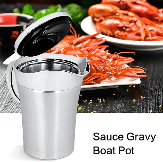 Gravy Boat Stainless Steel Double Insulated Sauce Jug with Hinged Lid, Perfect for Serving Jars of Gravy or Cream for Thanksgiving, Halloween, Christmas (750ML-25oz -Sliver）