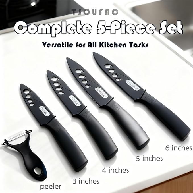 Ceramic knife Set with Block and Fruit Bowl, knives set for kitchen, knife set with block/covers, Ceramic High-foot Deep Fruit Bowl, cuisine knife set, Round Bowl for Salad - Ideal for Kitchen, Gifts