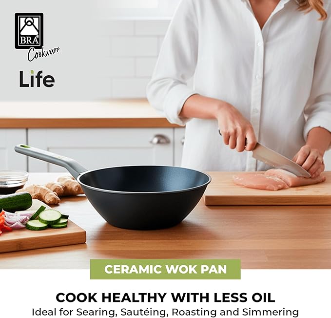 BRA COOKWARE Life Ceramic Nonstick Wok | 11 Inch 6.6 Quart Recycled Aluminum Stir-Fry Skillet | Ceramic Nonstick Deep Fry Pan | PFOA Free Asian Cooking Skillet | All Cooktops Flat Bottom Wok
