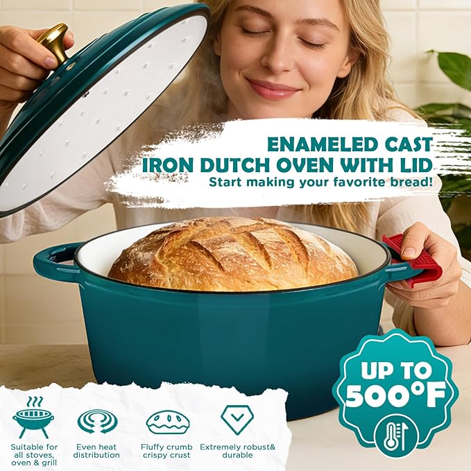 Enameled Cast Iron Dutch Oven Pot with Lid, Incl. Sourdough Bread Baking Supplies Like Banneton Bread Proofing Basket, Starter Jar, Scoring Tool Lame, 5QT Dutch Oven for Bread Baking, Oven Safe up to 500°F