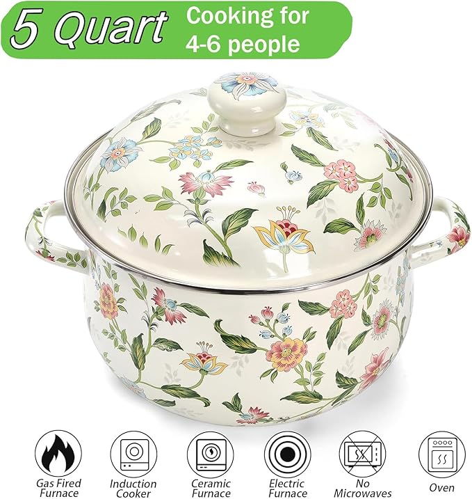 Jucoan 5 Quart Enamel Stockpot with Lid, Green Floral Enamelware Cooking Pot with Dual Handles for Stovetop, Large Soup Pot Potpourri Simmer Pot Gift for Housewarming Bridal Shower Christmas
