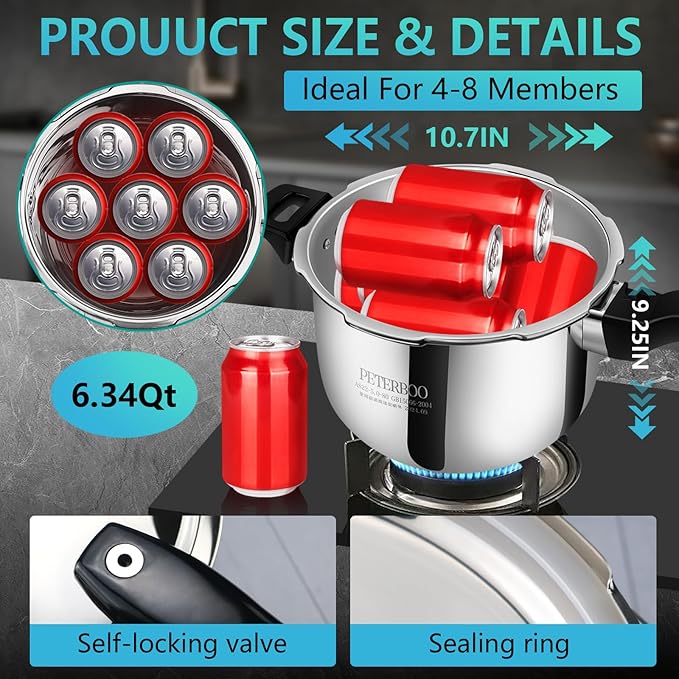 6.34qt Stainless Steel Pressure Cooker, All Stovetops Induction Compatible, Cooking Pressure Cooker 6.34+qt，pressure pot ，largt olla de presion