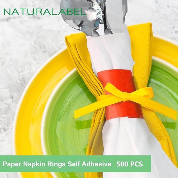NATURALABEL 500 PCS Paper Napkin Rings with Box, Self-Adhesive Napkin Bands, for Family Meal, Birthday Party, Wedding, Celebration (Red)
