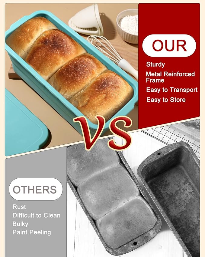 CHICHAUS Large size foldable silicone bread loaf pan with lid,11x4.7 Inch easy to store non stick Bread Baking Pans,Sourdough Bread Pan with Baking Tool Supplies Kit for Homemade Bread, Cake