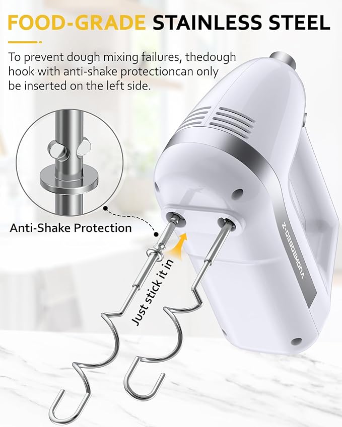 Z-DESDEMONA Electric Hand Mixer, Powerful 300W Hand Mixer Electric Handheld with 304 Beaters, Dough Hook,Hand Held Mixer with Turbo for Baking Cakes, Eggs, Cream Food(White)