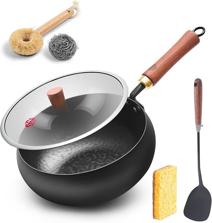 WANGYUANJI Iron Wok Pan 9.5-Inch for 1–2 People, Flat Bottom Stir Fry Wok with Lid & Spatula,Uncoated & Unseasoned Bare Iron, Heavier Design for High-Heat Cooking, Induction Compatible